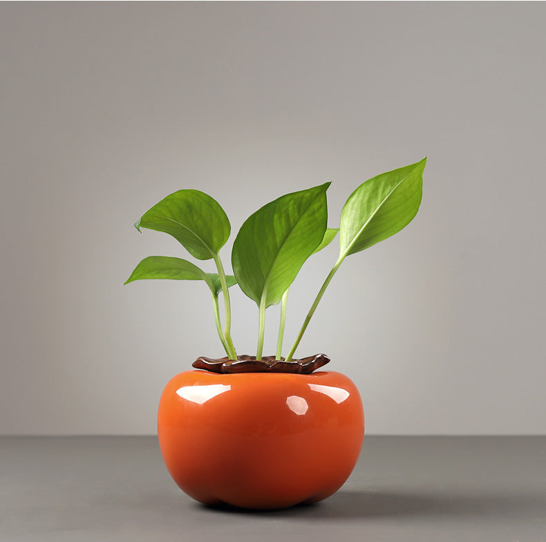 Ceramic hydroponic propagation vase — Lucky Persimmon medium, rounded orange design