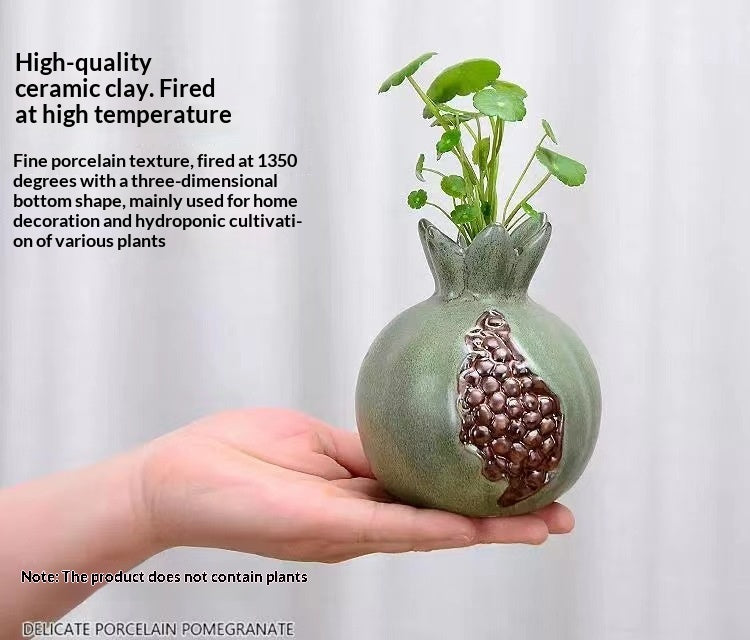 Green ceramic pomegranate hydroponic planter — artisan plant-safe ceramic vase