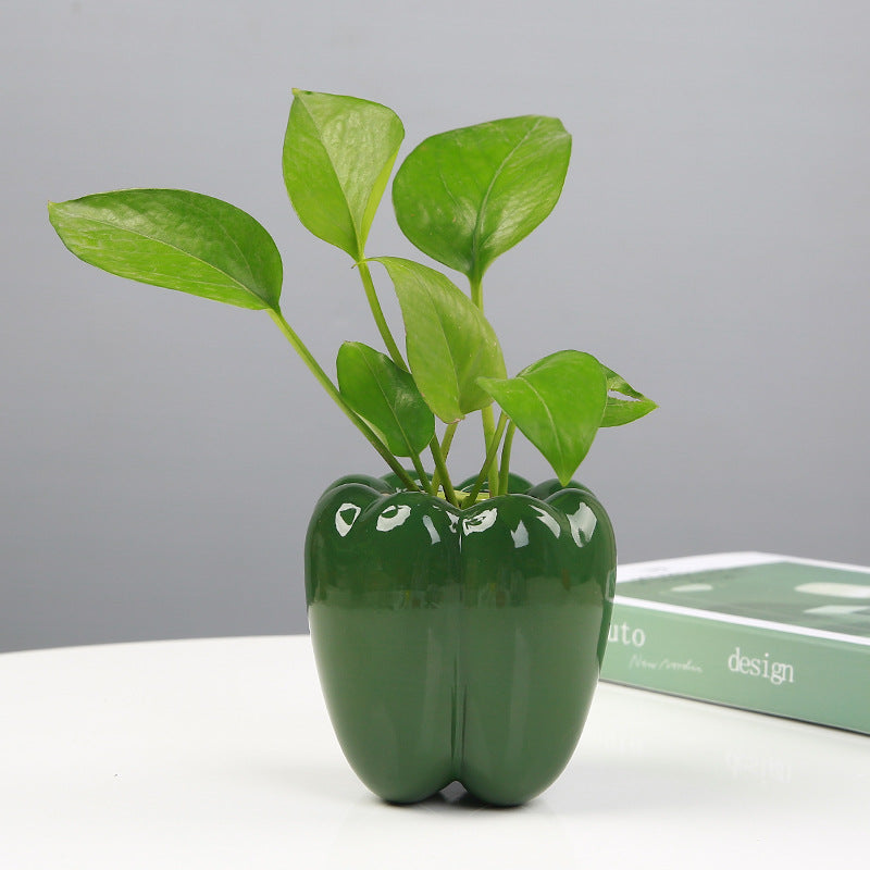 Ceramic bell pepper planter in dark green — hydroponic vase for pothos and indoor plants